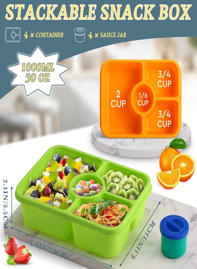 QQKO Bento Box Adult Lunch Box, Meal Prep Containers Reusable, Snack Containers for Kids, 4 Pack Stackable Food Storage With Lids, Sauce Cups, Bright Colors - Image 3